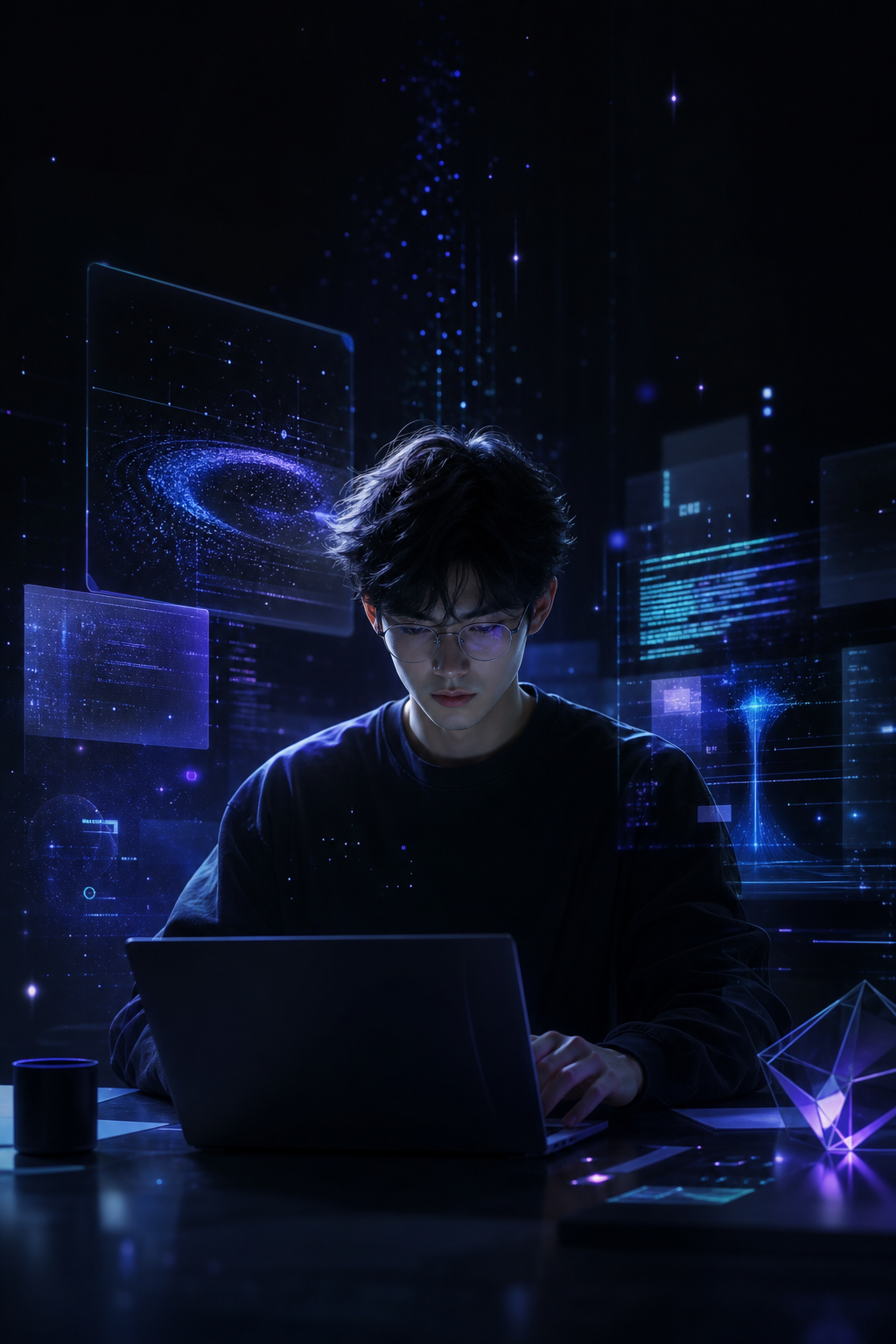 程序员在蓝紫色光效中进行 vibecoding